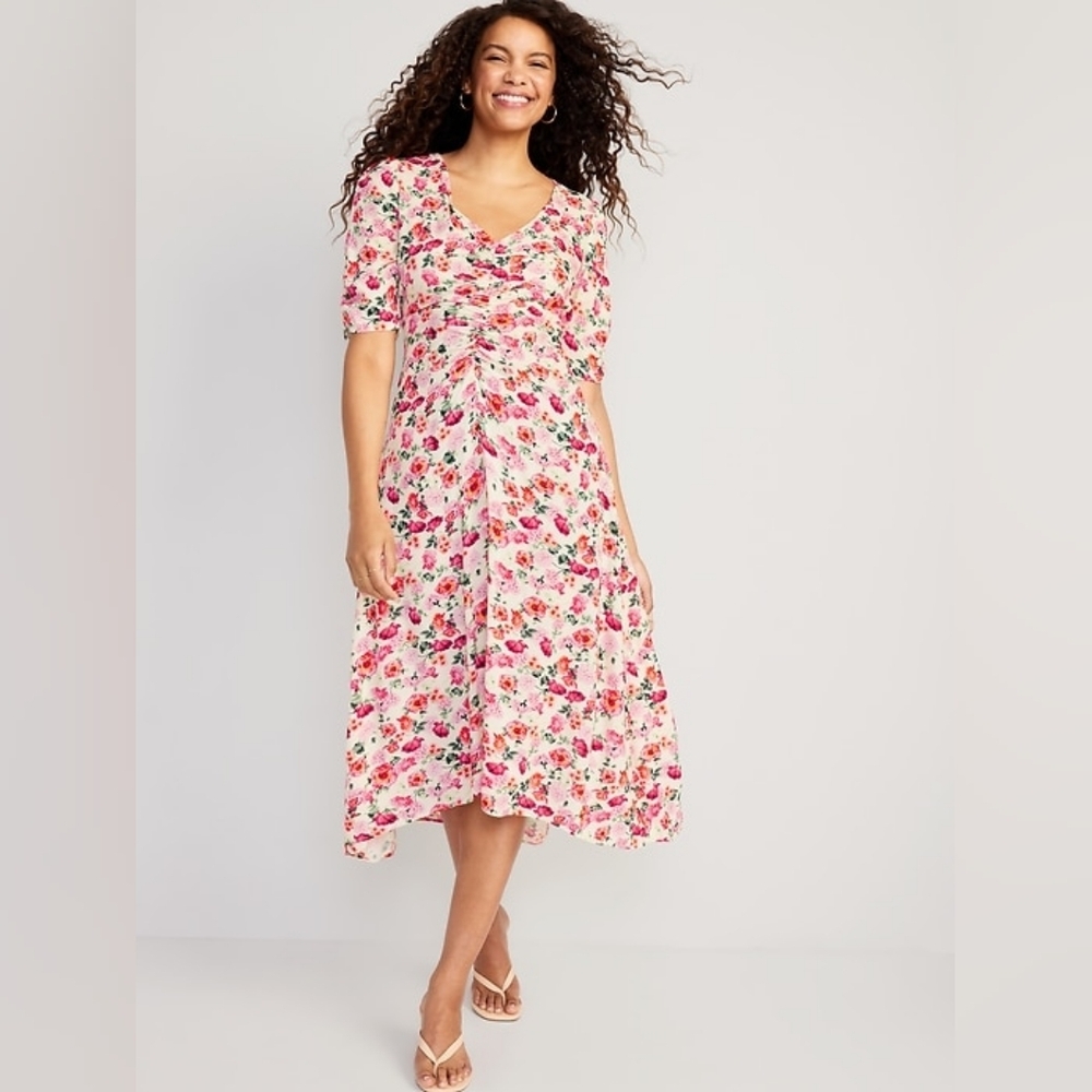 Old Navy Puff-Sleeve V-Neck Crepe Midi Dress Floral Pink Red Size Small‎